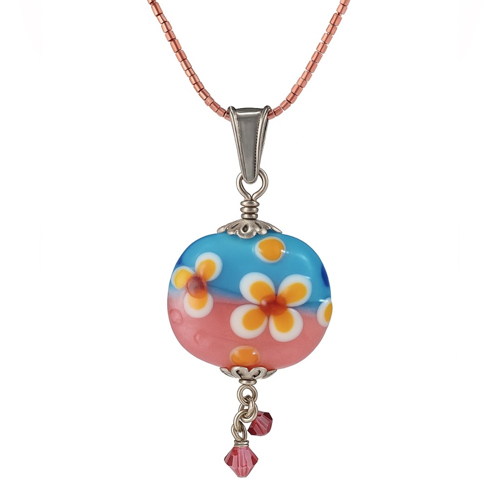Pink and Blue Beaded Floral Glass Pendant Necklace